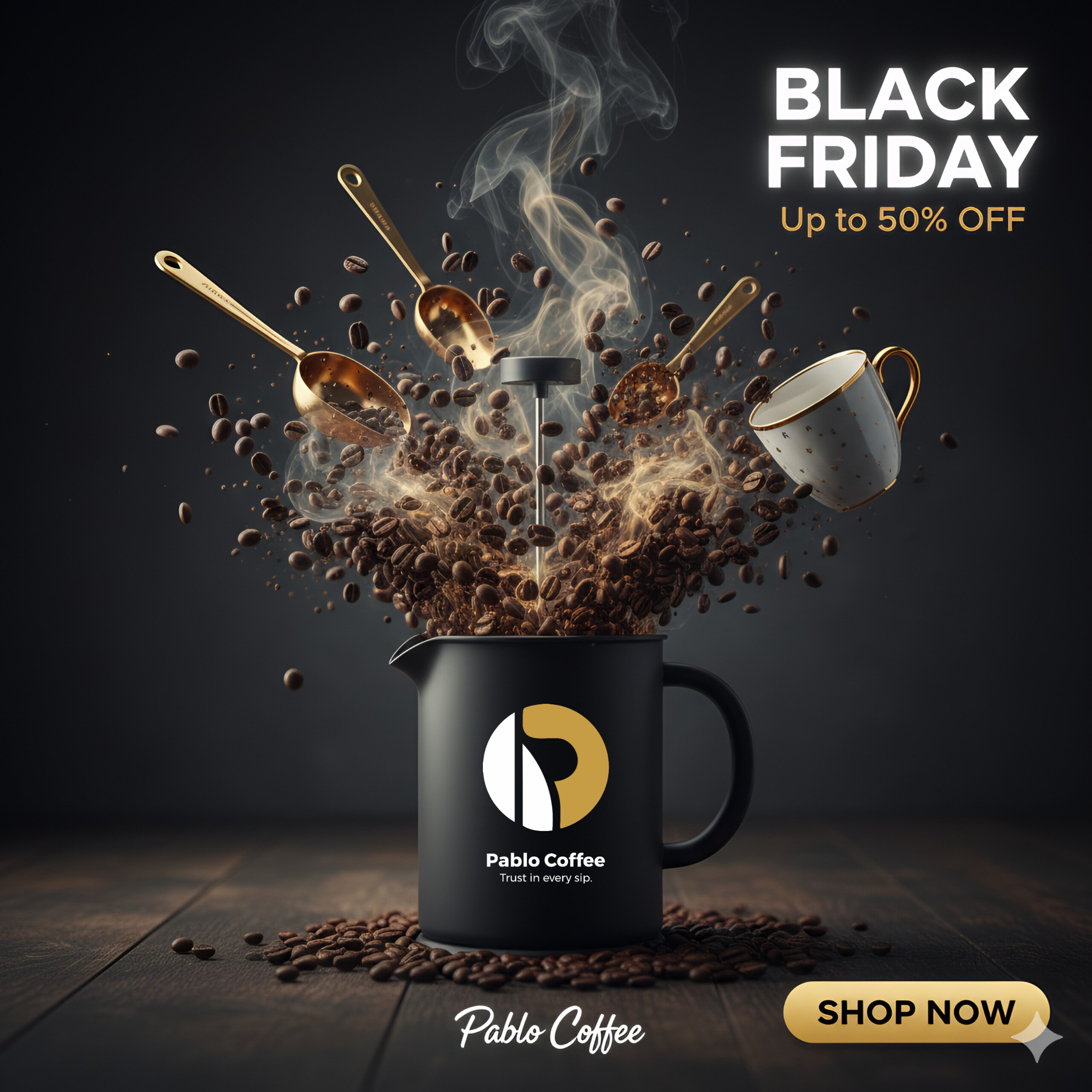 اسلایدر بلک فرایدی پابلوکافی با تصویر دانه‌های قهوه که از یک فرنچ‌پرس مشکی با لوگوی Pablo Coffee بیرون می‌ریزند؛ قاشق‌های طلایی و فنجان سفید در هوا معلق‌اند. متن Black Friday و تخفیف تا ۵۰ درصد در تصویر دیده می‌شود و دکمه Shop Now پایین اسلاید قرار دارد.
