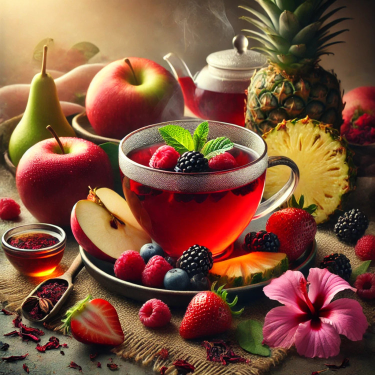 دمنوش میوهای دلانگیز پابلوکافی – ترکیب رنگارنگ سیب، رزبری، بلکبری، آناناس، توتفرنگی و چای ترش