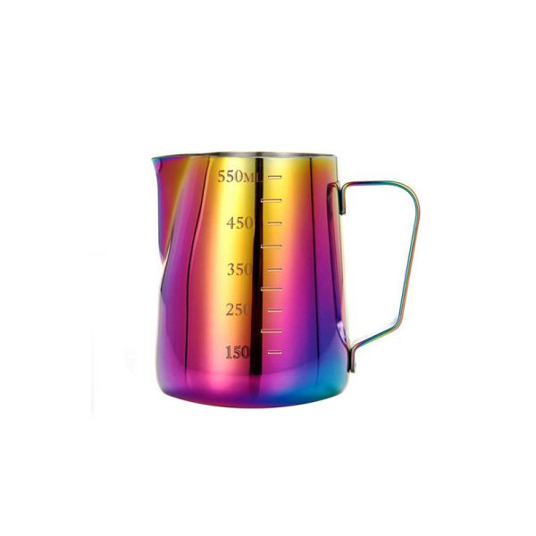 پیچر ایتیل 350 سیسی از جنس استیل ضدزنگ هفت رنگ با دسته ارگونومیک و ظرفیت مناسب برای تهیه فوم شیر نرم و کرمی و سرو نوشیدنیهای قهوهای مانند لاته و کاپوچینو.