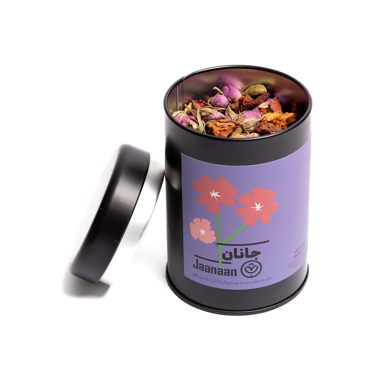 دمنوش جانان در بسته‌بندی مشکی با لیبل بنفش، حاوی گل محمدی، توت‌فرنگی خشک، چای سیب، به، دارچین و هل – محصول فروشگاه پابلوکافی