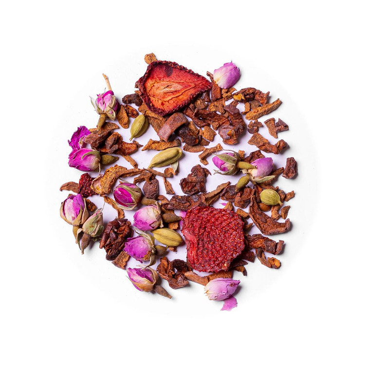 دمنوش جانان در بستهبندی مشکی با لیبل بنفش، حاوی گل محمدی، توتفرنگی خشک، چای سیب، به، دارچین و هل – محصول فروشگاه پابلوکافی