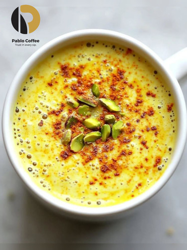 نوشیدنی هات پسته زعفران پابلوکافی با بافت خامهای و تکههای پسته واقعی، سرو شده در فنجان گرم با تزئین زعفران